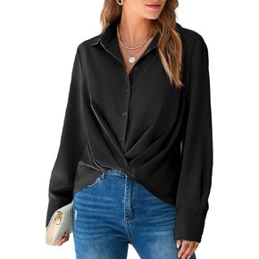 Cicy Bell Womens Work Blouses Twist Front Button Down Long Sleeve Shirts Loose Fit Casual Dressy Tops