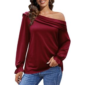 DOROSE Women's Off The Shoulder Tops Ruffle Long Sleeve Blouses Loose Casual Shirts
