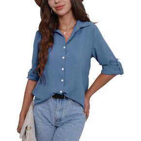 FWAY Womens Button Down Shirts V Neck Roll Up Sleeve Loose Plain Chiffon Casual Business Tops Tunic Blouse Shirts