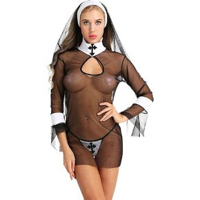 TAIKMD Women's Nun Costume Adult Mesh See Through Skirt Dress with Thong Priest Outfit Halloween Cosplay Sister Uniform Set
