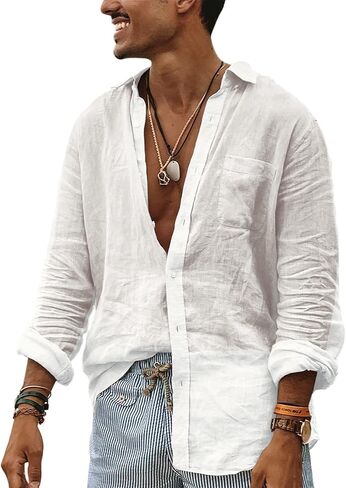 AoShuang القطن قميص كتان للرجال رقيقة جدا عادية بأكمام طويلة قميص بلون الاستوائية عطلة الشاطئ قمصان in Kuwait