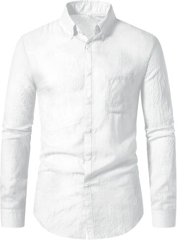 AoShuang القطن قميص كتان للرجال رقيقة جدا عادية بأكمام طويلة قميص بلون الاستوائية عطلة الشاطئ قمصان in Kuwait