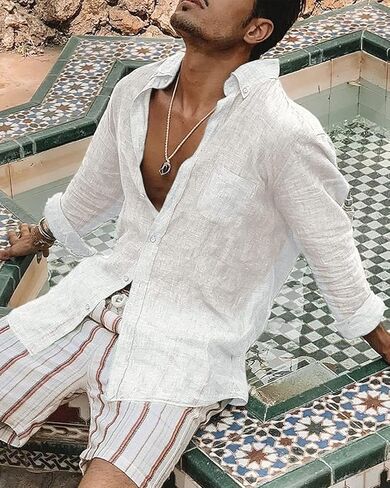 AoShuang القطن قميص كتان للرجال رقيقة جدا عادية بأكمام طويلة قميص بلون الاستوائية عطلة الشاطئ قمصان in Kuwait