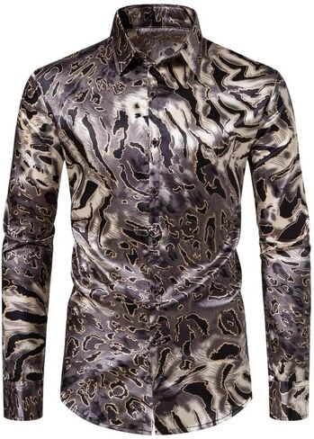 قمصان رجالي من الساتان بطبعة الفهد قمصان فاخرة مطبوعة بأزرار للأسفل قمصان حريرية ضيقة مناسبة للحفلات الراقصة in Kuwait