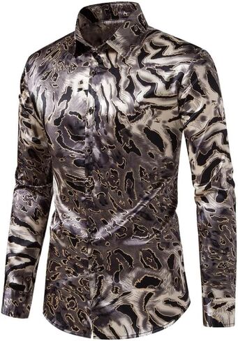 قمصان رجالي من الساتان بطبعة الفهد قمصان فاخرة مطبوعة بأزرار للأسفل قمصان حريرية ضيقة مناسبة للحفلات الراقصة in Kuwait