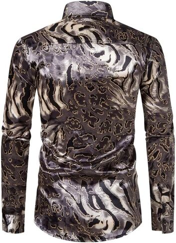 قمصان رجالي من الساتان بطبعة الفهد قمصان فاخرة مطبوعة بأزرار للأسفل قمصان حريرية ضيقة مناسبة للحفلات الراقصة in Kuwait