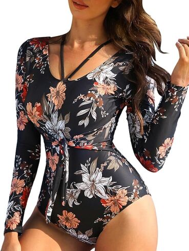 JASAMBAC Women Long Sleeve Swimsuits Bathing Suit One Piece Tummy Control Full Coverage Cutout Floral Printed Swimwear in Saudi Arabia