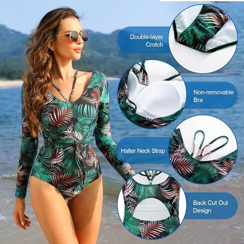 JASAMBAC Women Long Sleeve Swimsuits Bathing Suit One Piece Tummy Control Full Coverage Cutout Floral Printed Swimwear in Saudi Arabia