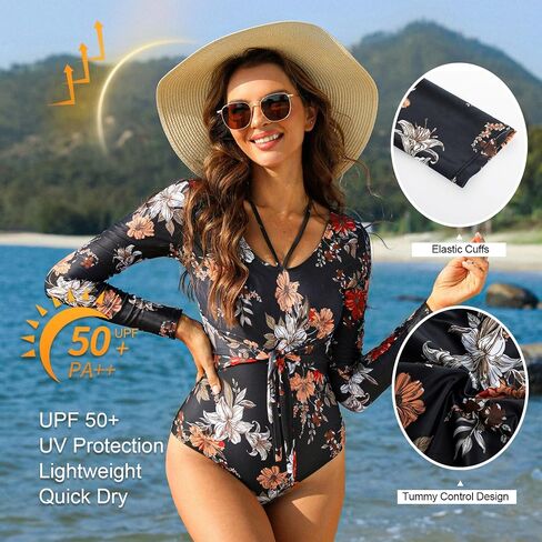 JASAMBAC Women Long Sleeve Swimsuits Bathing Suit One Piece Tummy Control Full Coverage Cutout Floral Printed Swimwear in Saudi Arabia