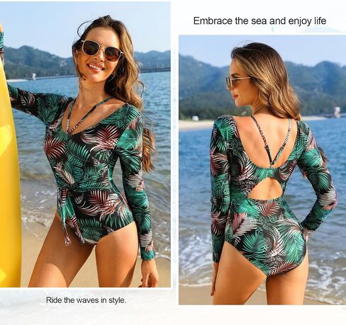 JASAMBAC Women Long Sleeve Swimsuits Bathing Suit One Piece Tummy Control Full Coverage Cutout Floral Printed Swimwear in Saudi Arabia