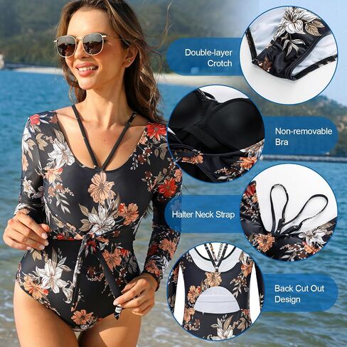 JASAMBAC Women Long Sleeve Swimsuits Bathing Suit One Piece Tummy Control Full Coverage Cutout Floral Printed Swimwear in Saudi Arabia