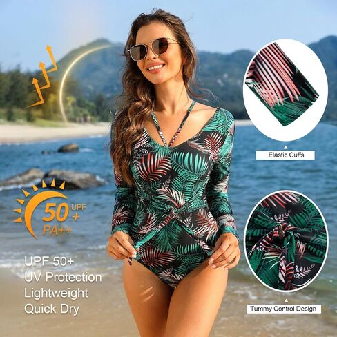 JASAMBAC Women Long Sleeve Swimsuits Bathing Suit One Piece Tummy Control Full Coverage Cutout Floral Printed Swimwear in Saudi Arabia