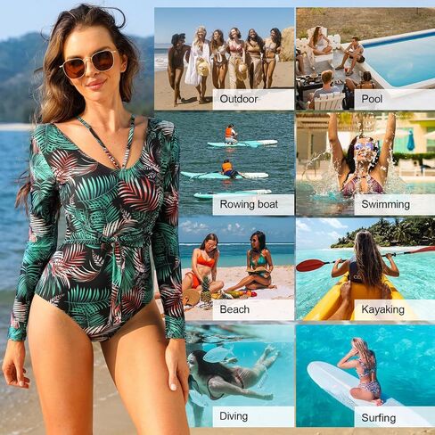 JASAMBAC Women Long Sleeve Swimsuits Bathing Suit One Piece Tummy Control Full Coverage Cutout Floral Printed Swimwear in Saudi Arabia