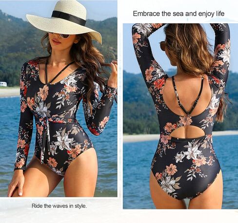 JASAMBAC Women Long Sleeve Swimsuits Bathing Suit One Piece Tummy Control Full Coverage Cutout Floral Printed Swimwear in Saudi Arabia