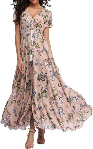 فستان نسائي طويل مزين بالزهور فستان شاطئ بوهو صيفي كاجوال بأكمام قصيرة وأزرار لأعلى للحفلات in Kuwait