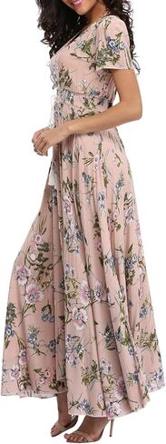 فستان نسائي طويل مزين بالزهور فستان شاطئ بوهو صيفي كاجوال بأكمام قصيرة وأزرار لأعلى للحفلات in Kuwait