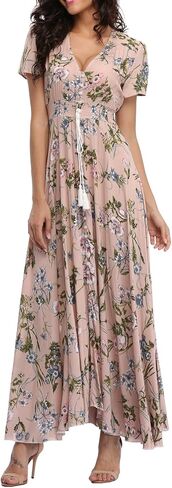 فستان نسائي طويل مزين بالزهور فستان شاطئ بوهو صيفي كاجوال بأكمام قصيرة وأزرار لأعلى للحفلات in Kuwait