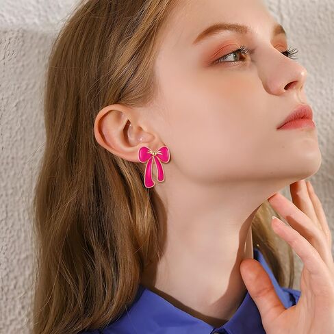 YUJIE Gold Bow Earrings for Women Teen Pink Bowtie Dainty Long Tassel Drop Stud Trendy Statement Jewelry Gift in Kuwait