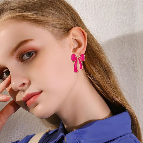 YUJIE Gold Bow Earrings for Women Teen Pink Bowtie Dainty Long Tassel Drop Stud Trendy Statement Jewelry Gift in Kuwait