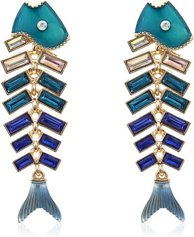 Creative Exaggerated Long Colorful Sparkly Crystal Fish Bone Dangle Drop Earrings Vintage Gold Cute Enamel Diamond Pearl Fish Animal metal Stud Earrings for Women Girls Summer Holiday Jewelry in Saudi Arabia