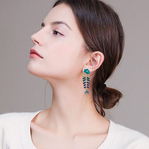 Creative Exaggerated Long Colorful Sparkly Crystal Fish Bone Dangle Drop Earrings Vintage Gold Cute Enamel Diamond Pearl Fish Animal metal Stud Earrings for Women Girls Summer Holiday Jewelry in Saudi Arabia