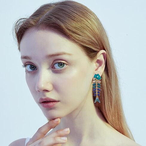 Creative Exaggerated Long Colorful Sparkly Crystal Fish Bone Dangle Drop Earrings Vintage Gold Cute Enamel Diamond Pearl Fish Animal metal Stud Earrings for Women Girls Summer Holiday Jewelry in Saudi Arabia