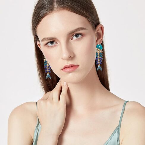 Creative Exaggerated Long Colorful Sparkly Crystal Fish Bone Dangle Drop Earrings Vintage Gold Cute Enamel Diamond Pearl Fish Animal metal Stud Earrings for Women Girls Summer Holiday Jewelry in Saudi Arabia