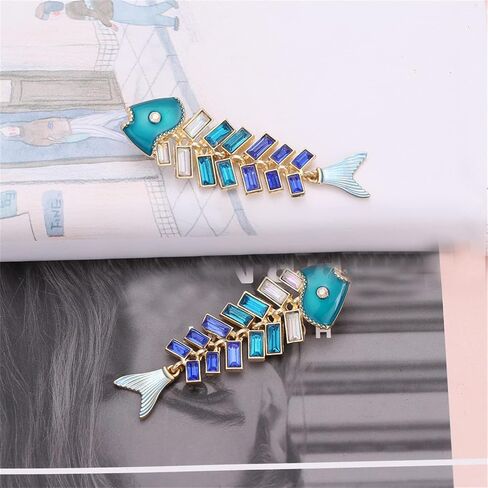 Creative Exaggerated Long Colorful Sparkly Crystal Fish Bone Dangle Drop Earrings Vintage Gold Cute Enamel Diamond Pearl Fish Animal metal Stud Earrings for Women Girls Summer Holiday Jewelry in Saudi Arabia