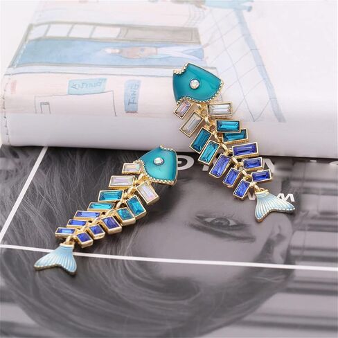 Creative Exaggerated Long Colorful Sparkly Crystal Fish Bone Dangle Drop Earrings Vintage Gold Cute Enamel Diamond Pearl Fish Animal metal Stud Earrings for Women Girls Summer Holiday Jewelry in Saudi Arabia