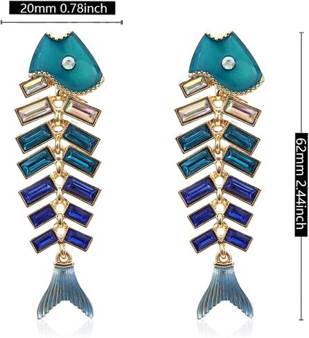 Creative Exaggerated Long Colorful Sparkly Crystal Fish Bone Dangle Drop Earrings Vintage Gold Cute Enamel Diamond Pearl Fish Animal metal Stud Earrings for Women Girls Summer Holiday Jewelry in Saudi Arabia