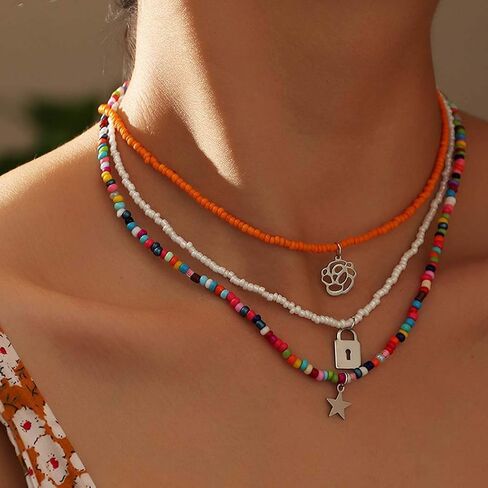 ELABEST Boho الطبقات مطرز قلادة قوس قزح الخرز الملون المختنق زهرة قفل نجمة قلادة سلسلة شاطئ هاواي المجوهرات للنساء والفتيات in Kuwait