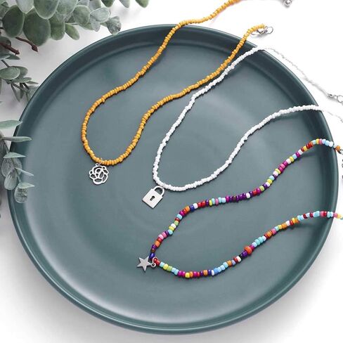 ELABEST Boho الطبقات مطرز قلادة قوس قزح الخرز الملون المختنق زهرة قفل نجمة قلادة سلسلة شاطئ هاواي المجوهرات للنساء والفتيات in Kuwait
