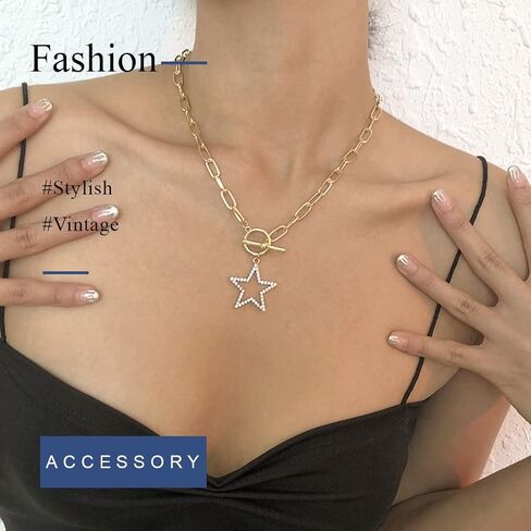 Heart Pendant Necklace Star Choker Necklaces Rhinestone Gold Plated Choker Necklaces Toggle Clasp Paperclip Chain Necklaces Fashion Necklaces Jewelry for Women and Girls in Kuwait
