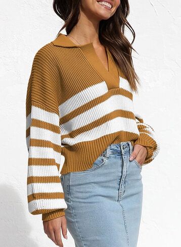 Dokotoo Sweaters for Women V Neck Long Sleeve Color Block Casual Cable Knit Striped Pullover Sweater Tops in Saudi Arabia