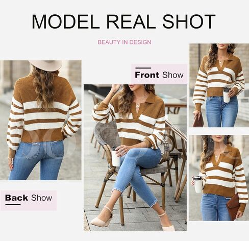 Dokotoo Sweaters for Women V Neck Long Sleeve Color Block Casual Cable Knit Striped Pullover Sweater Tops in Saudi Arabia