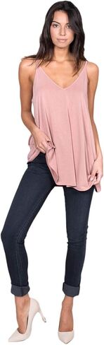 Womens Casual V-Neck Cupro Spaghetti Strap Open Back Loose Fit Flowy Tunic Top in Kuwait