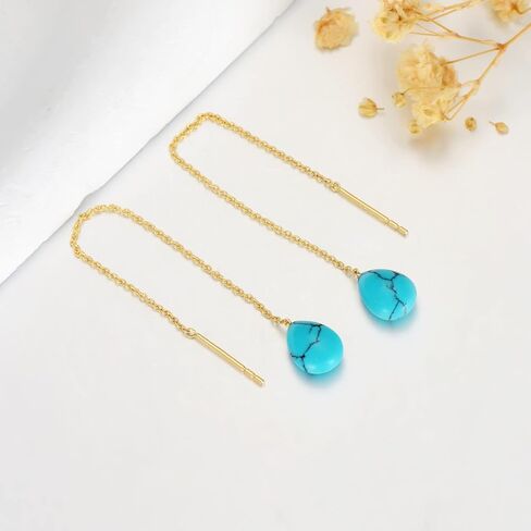 اقراط متدلية من الذهب عيار 14 قيراط بتصميم دمعة للنساء على شكل كمثرى، اقراط فيروزية متدلية بسلسلة متدلية، ذهبي اصفر، تركواز, الذهب الأصفر, تركواز in Kuwait