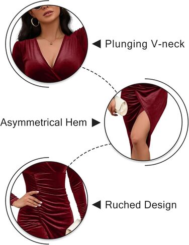 IFFEI Womens Wedding Guest Cocktail Dresses Fall Winter Velvet Dress for Women Ruched V Neck Long Sleeve Bodycon Mini Dress in Saudi Arabia