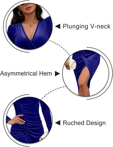 IFFEI Womens Wedding Guest Cocktail Dresses Fall Winter Velvet Dress for Women Ruched V Neck Long Sleeve Bodycon Mini Dress in Saudi Arabia