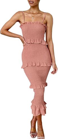 FYEARFOX Women's Sexy Frill Trim Shirred Bodycon Midi Dress Spaghetti Strap Sleeveless Backless Long Dresses in Kuwait