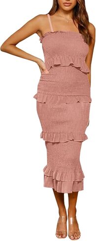 FYEARFOX Women's Sexy Frill Trim Shirred Bodycon Midi Dress Spaghetti Strap Sleeveless Backless Long Dresses in Kuwait
