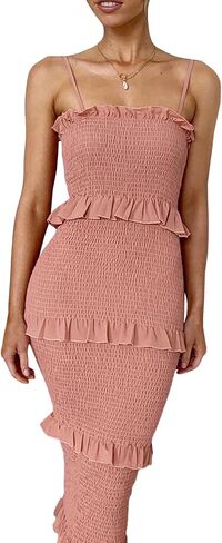 FYEARFOX Women's Sexy Frill Trim Shirred Bodycon Midi Dress Spaghetti Strap Sleeveless Backless Long Dresses in Kuwait
