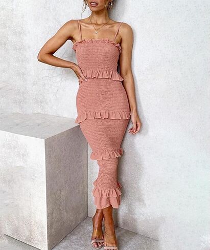 FYEARFOX Women's Sexy Frill Trim Shirred Bodycon Midi Dress Spaghetti Strap Sleeveless Backless Long Dresses in Kuwait