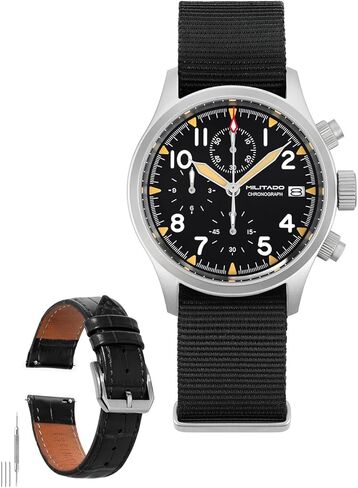 ساعات ميليتادو العسكرية للرجال كرونوغراف 39 ملم ساعات معصم طيار مع حزام جلدي أسود 20 ملم in Kuwait