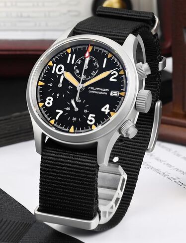 ساعات ميليتادو العسكرية للرجال كرونوغراف 39 ملم ساعات معصم طيار مع حزام جلدي أسود 20 ملم in Kuwait