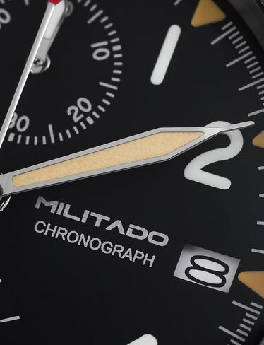ساعات ميليتادو العسكرية للرجال كرونوغراف 39 ملم ساعات معصم طيار مع حزام جلدي أسود 20 ملم in Kuwait