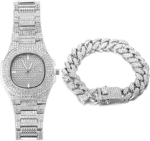 Halukakah Diamond Watch for Men - Stargazer - Unleash The Opulence with 18k Real Gold/Platinum White Gold Plated, 9.5in Wristband,Cuban Link Chain 8"+18" Handset with Full Diamonds,Comes with Giftbox in Kuwait
