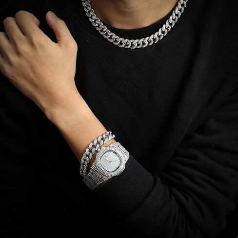 Halukakah Diamond Watch for Men - Stargazer - Unleash The Opulence with 18k Real Gold/Platinum White Gold Plated, 9.5in Wristband,Cuban Link Chain 8"+18" Handset with Full Diamonds,Comes with Giftbox in Kuwait