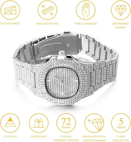 Halukakah Diamond Watch for Men - Stargazer - Unleash The Opulence with 18k Real Gold/Platinum White Gold Plated, 9.5in Wristband,Cuban Link Chain 8"+18" Handset with Full Diamonds,Comes with Giftbox in Kuwait