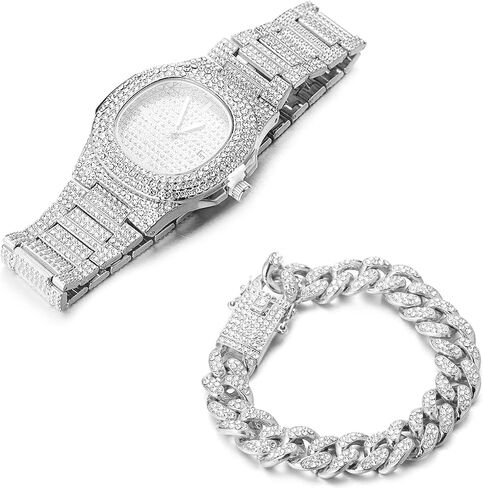 Halukakah Diamond Watch for Men - Stargazer - Unleash The Opulence with 18k Real Gold/Platinum White Gold Plated, 9.5in Wristband,Cuban Link Chain 8"+18" Handset with Full Diamonds,Comes with Giftbox in Kuwait